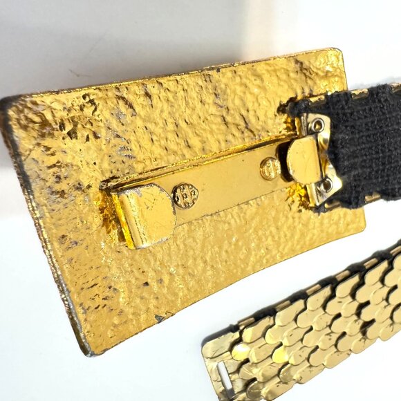 Gold-Tone Vtg  Mermaid Scale Stretch Belt Faux Green Gem Buckle 29" Adjustable - Picture 5 of 8